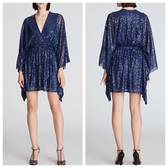 Halston Dresses & Skirts - Halston Mini Dress Navy Blue Catalina Sequin V Neck Caftan Cocktail $425